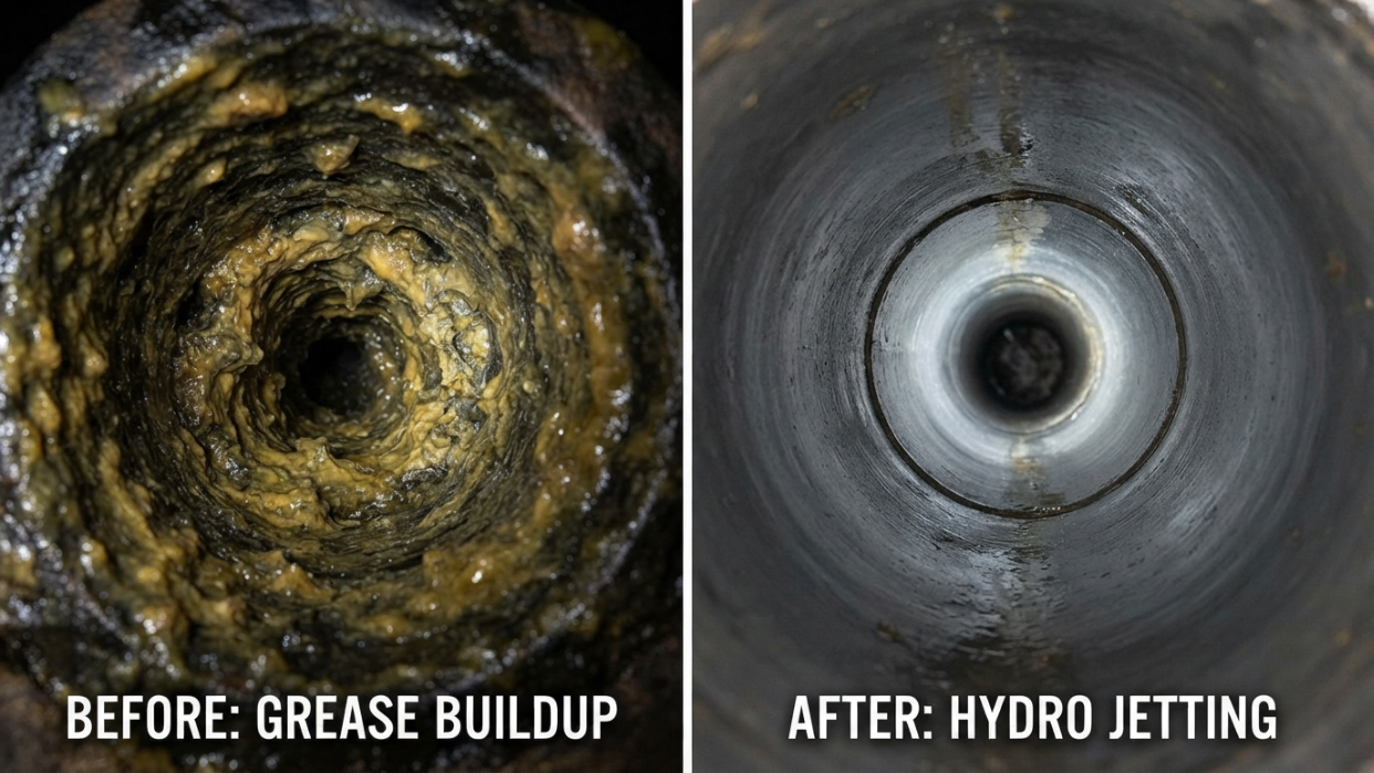 Before-and-after comparison graphic showing a grease-lined pipe interior versus a clean pipe interior after hydro jetting