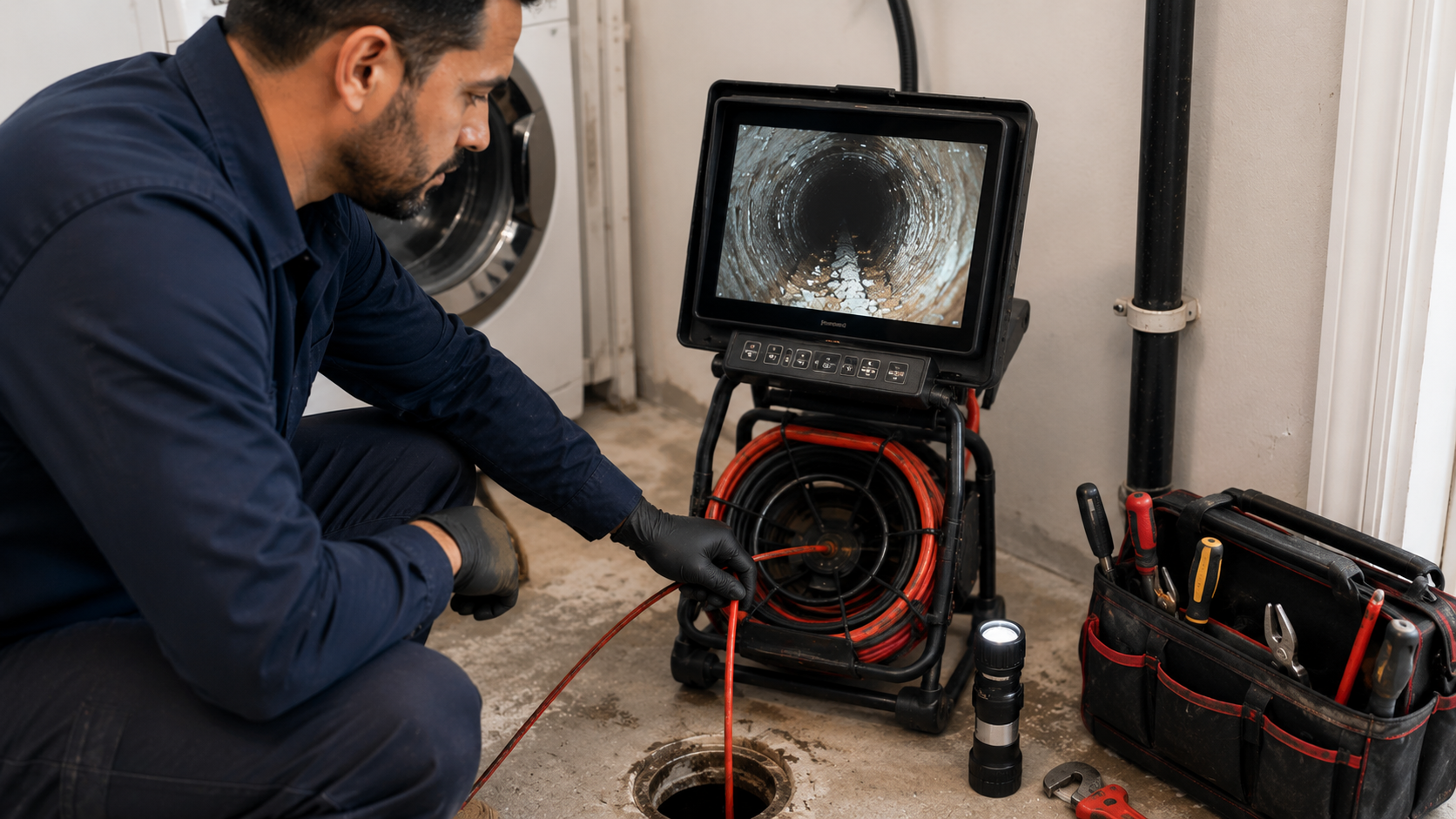 Close-up of a plumber using a drain camera for sewer video inspection in a residential setting