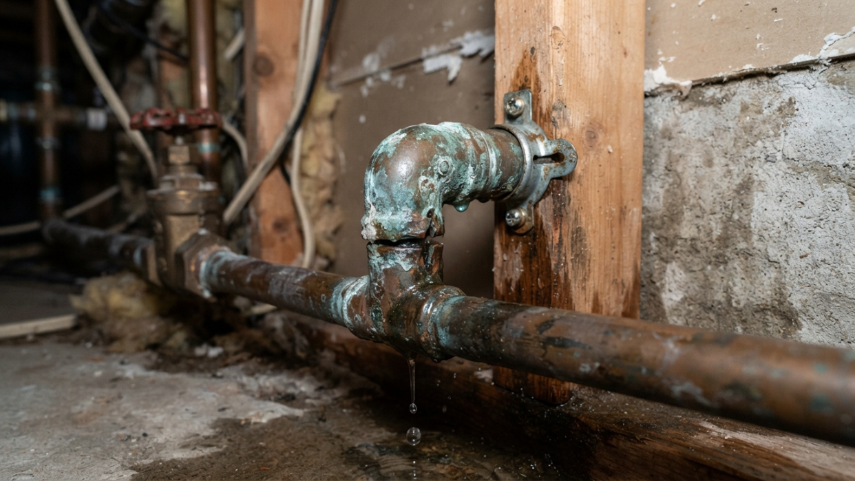 Close-up photo of a corroded or ruptured copper pipe fitting