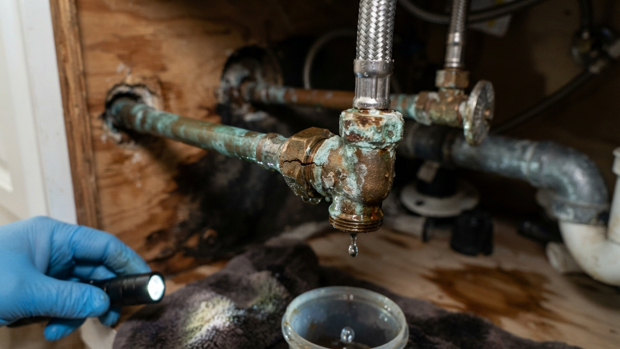 Close-up photo of a cracked or corroded pipe fitting before repair