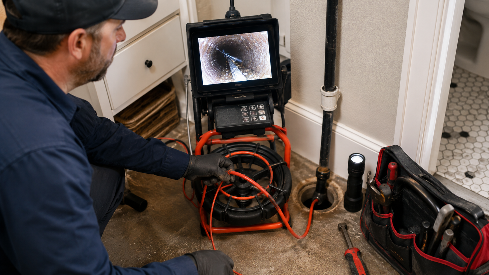 close-up of a plumber using a drain camera to inspect a sewer line in a San Diego home
