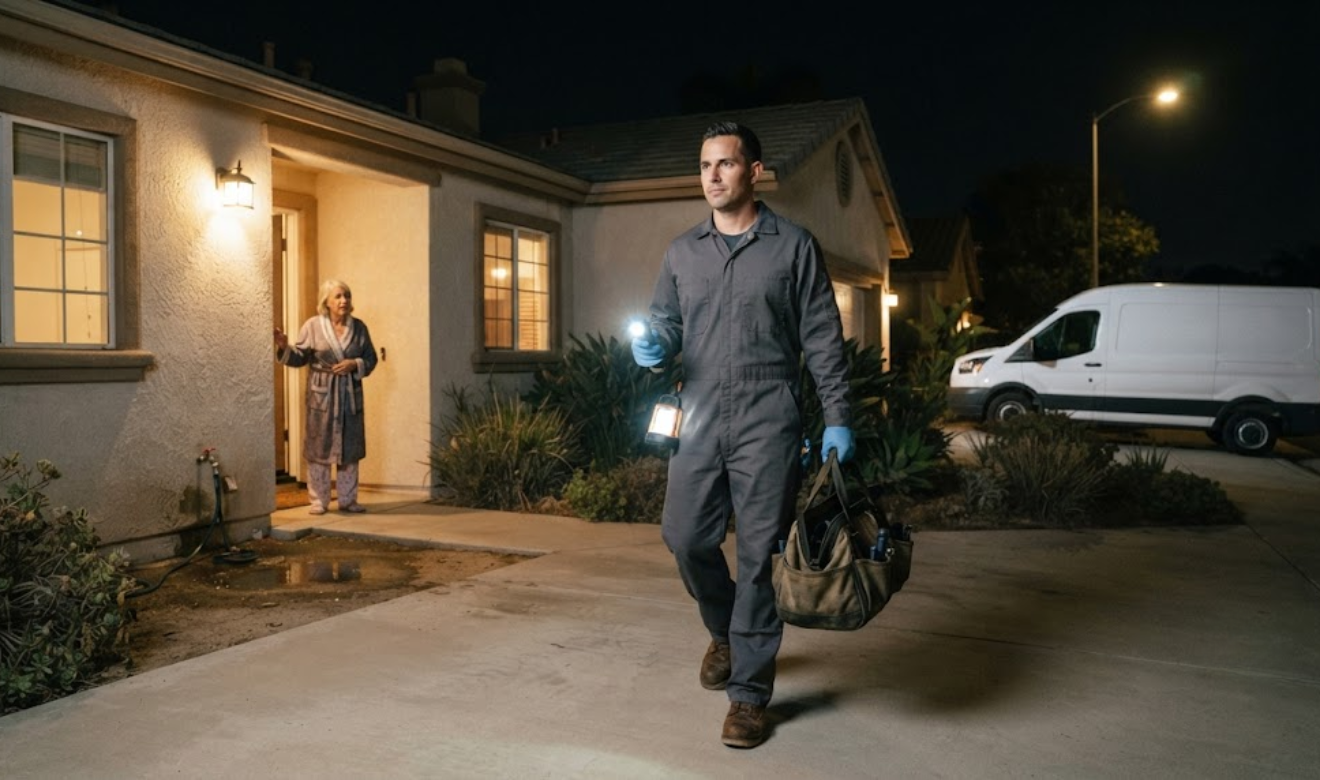 showing a licensed San Diego plumber responding to an emergency call at a residential property at night
