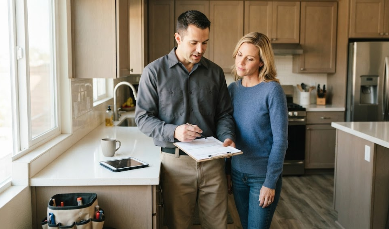 plumber explaining a repair estimate to a homeowner in a San Diego kitchen