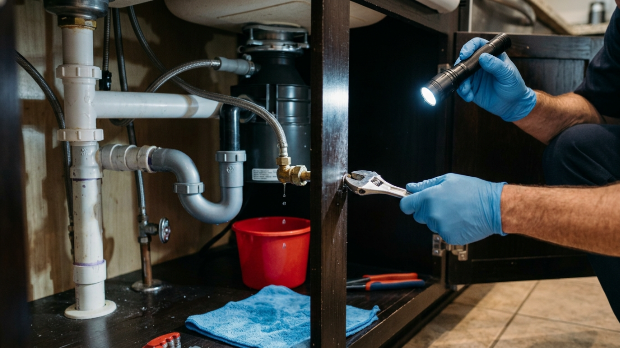 Close-up of a licensed plumber inspecting a leaking pipe fitting under a kitchen sink