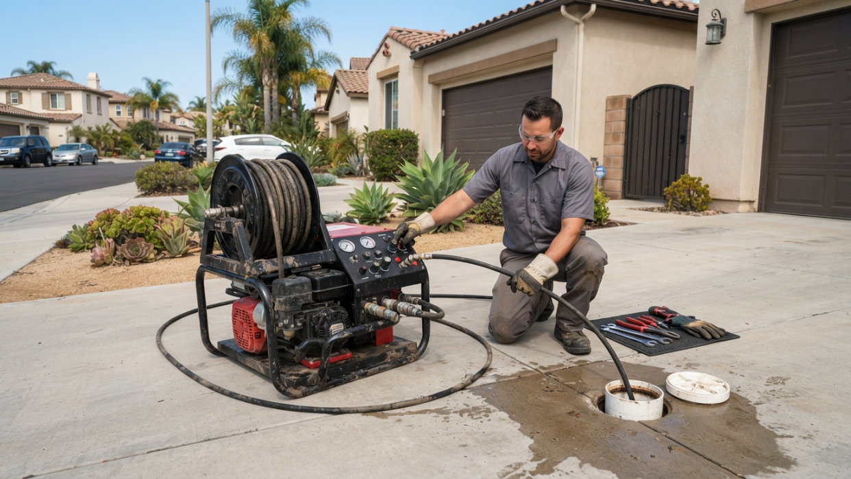 Technician operating a hydro jetting machine and hose connected to an outdoor sewer cleanout in a San Diego residential driveway