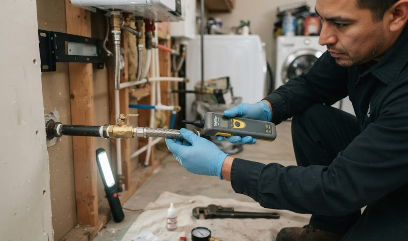 Close-up of a plumber inspecting a gas line connection before tankless water heater installation