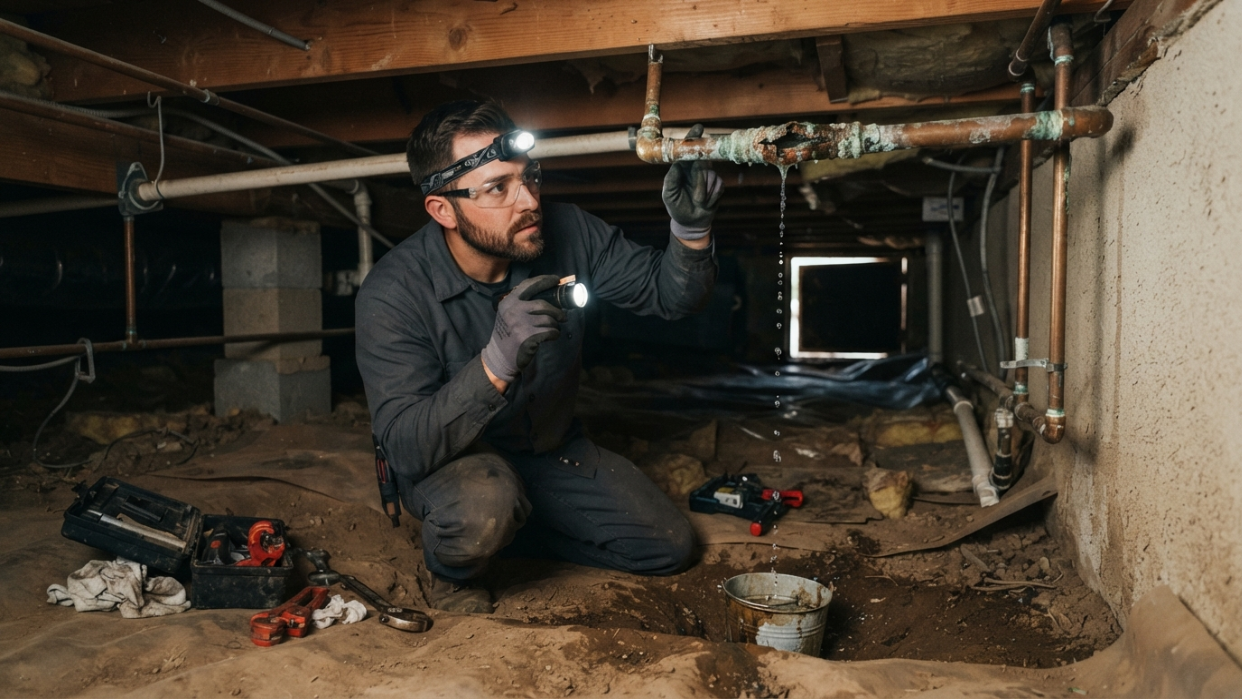 Photo of a licensed plumber inspecting a burst copper pipe under a San Diego home