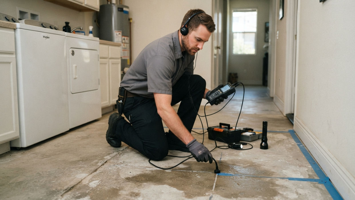 Technician using electronic leak detection equipment on a concrete slab floor inside a San Diego home