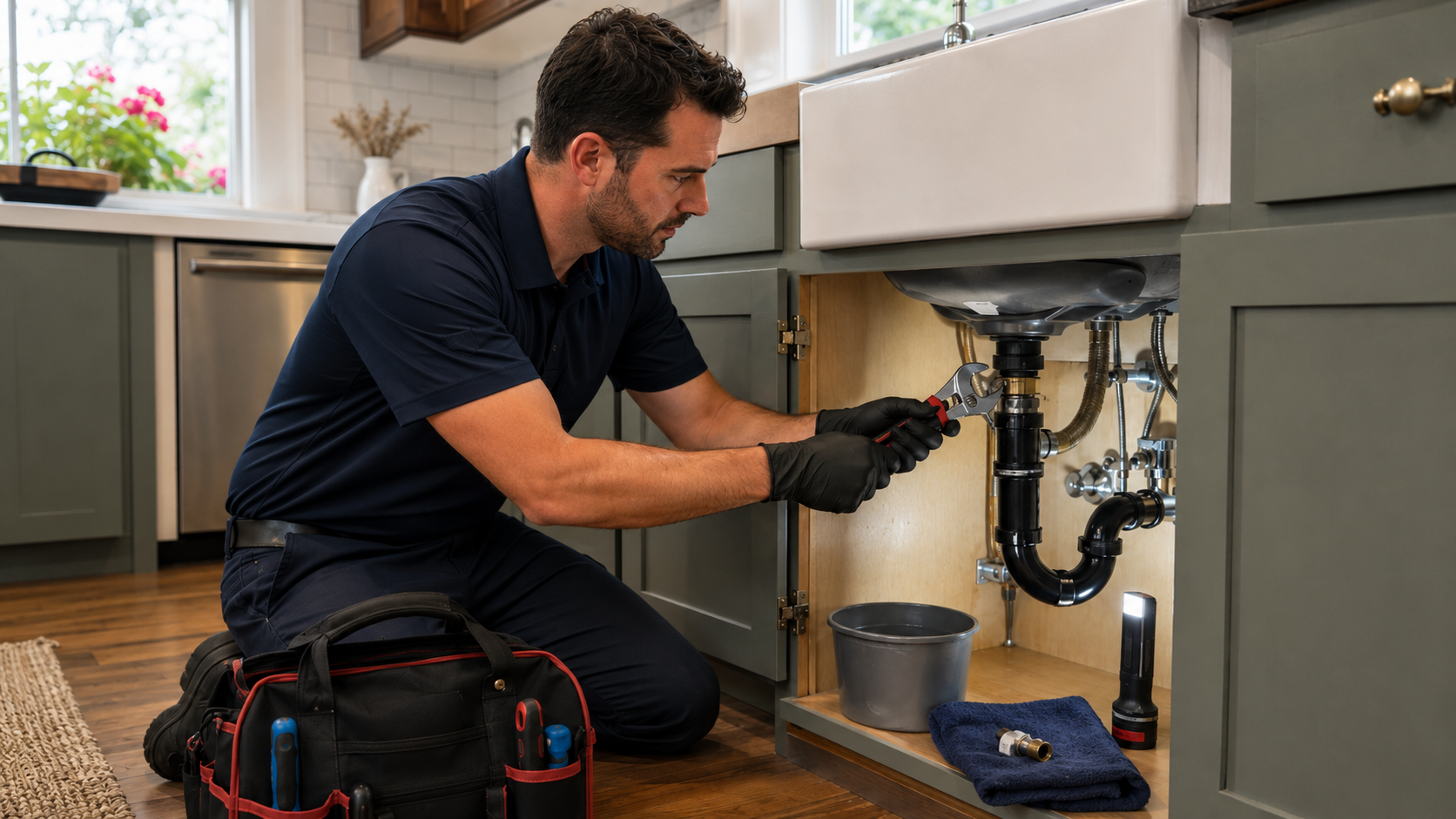 Plumber in a branded uniform repairing a kitchen sink in a University Heights, San Diego home