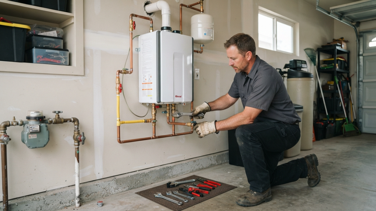 A licensed plumber installing a wall-mounted tankless water heater in a San Diego home garage or utility closet