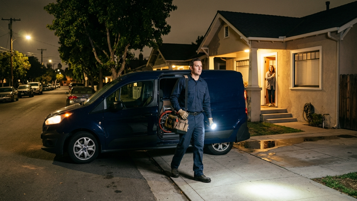 Emergency Plumber Normal Heights San Diego technician arriving at a residential home at night