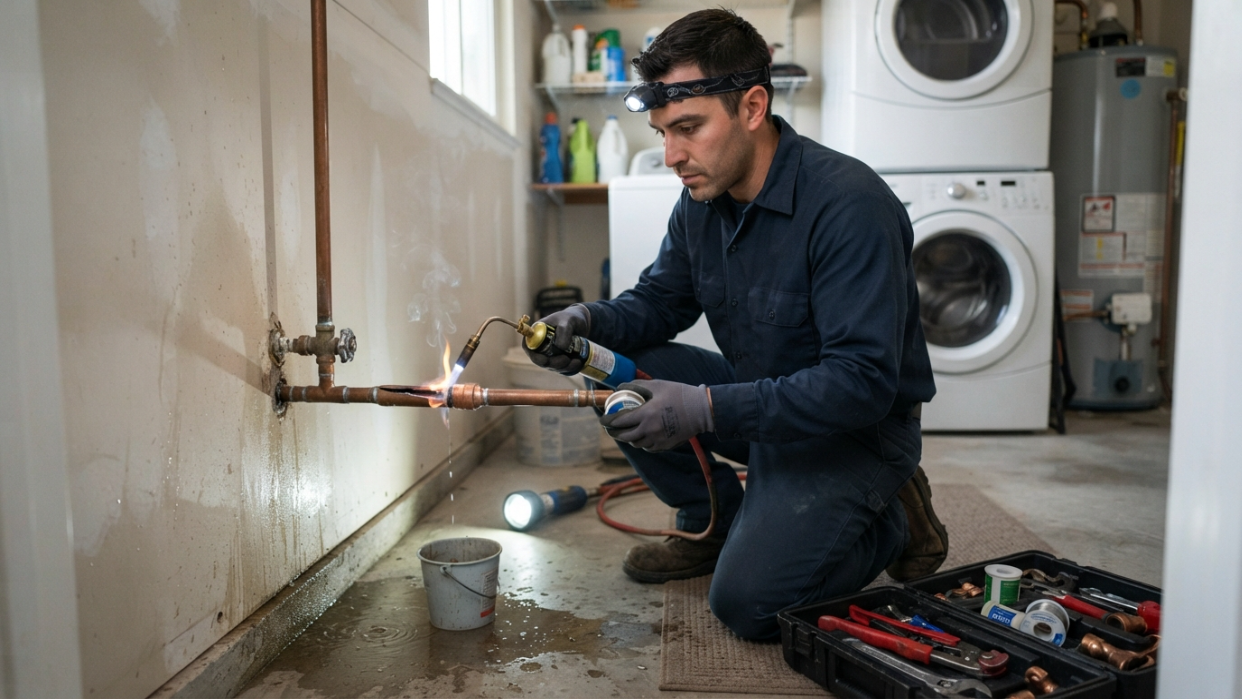 Photo of a licensed plumber repairing a burst residential water pipe in a San Diego home