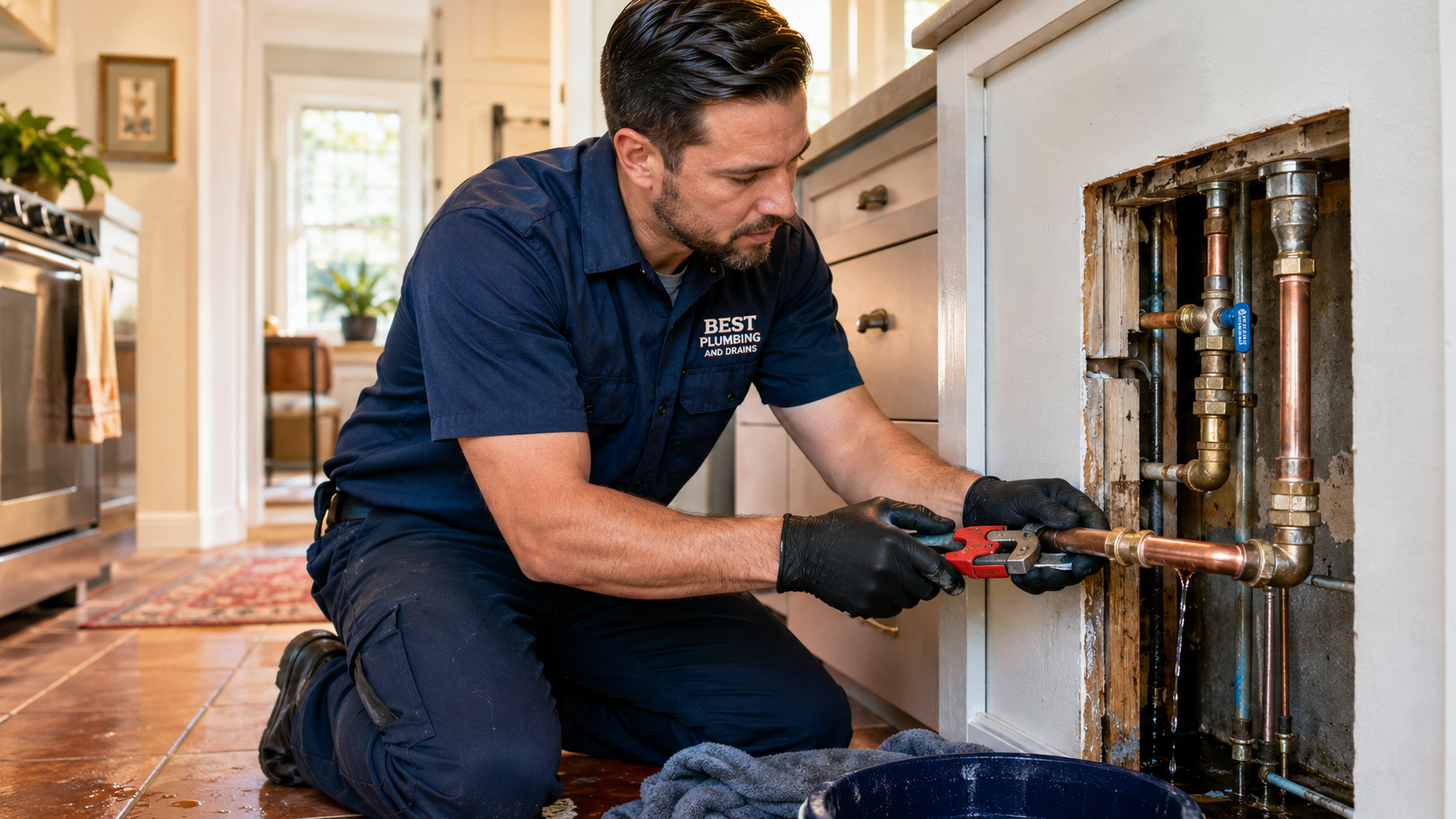 licensed plumber from Best Plumbing and Drains working on a residential pipe repair in a Kensington, San Diego home