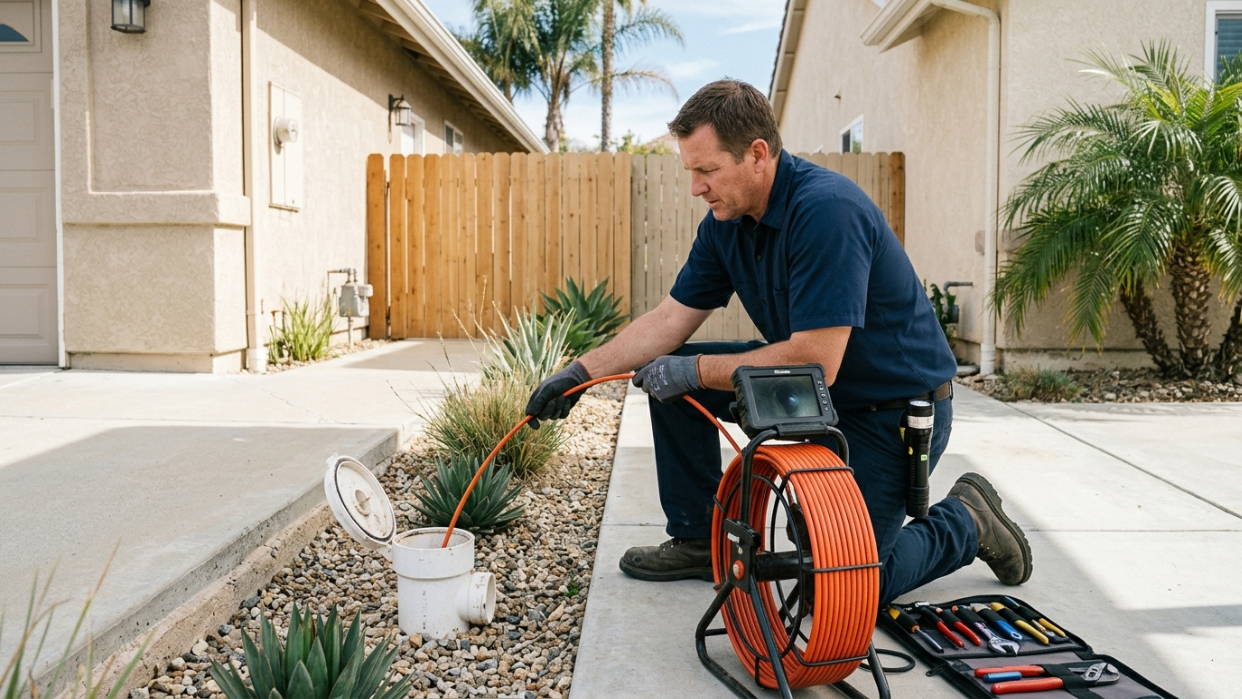 A plumbing technician feeding a sewer inspection camera into a home's cleanout access point in San Diego