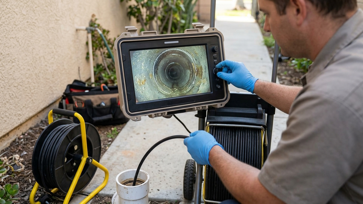 Close-up view of a sewer inspection camera head showing pipe condition on a monitor