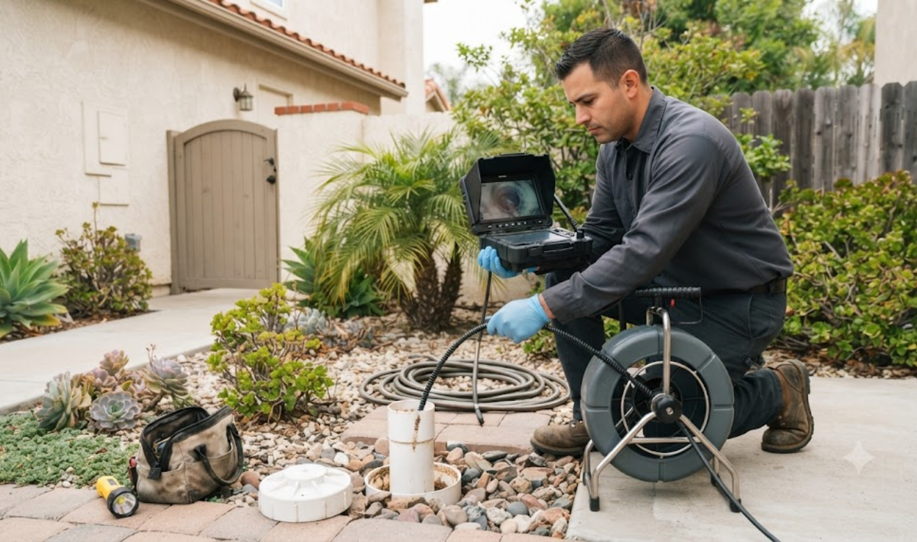 A plumbing technician feeding a sewer inspection camera into a residential cleanout in a San Diego backyard