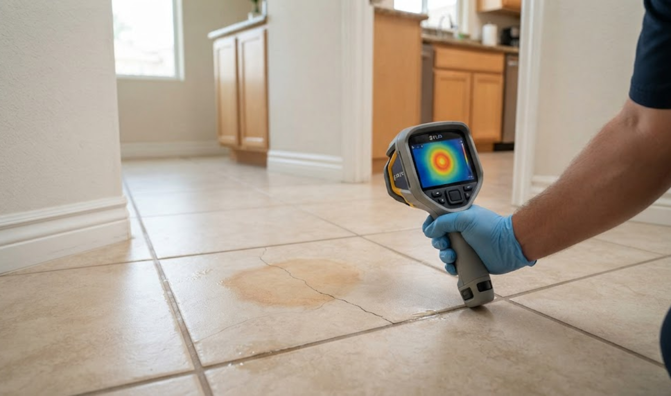 showing a warm spot or cracked tile flooring caused by a slab leak in a residential home
