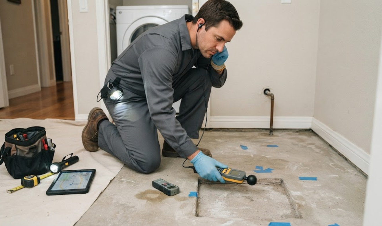 showing a licensed plumber inspecting a concrete slab foundation for a leak in a San Diego home