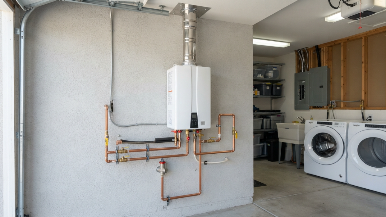 A modern tankless water heater unit mounted on an interior wall of a San Diego home, showing clean copper piping and venting