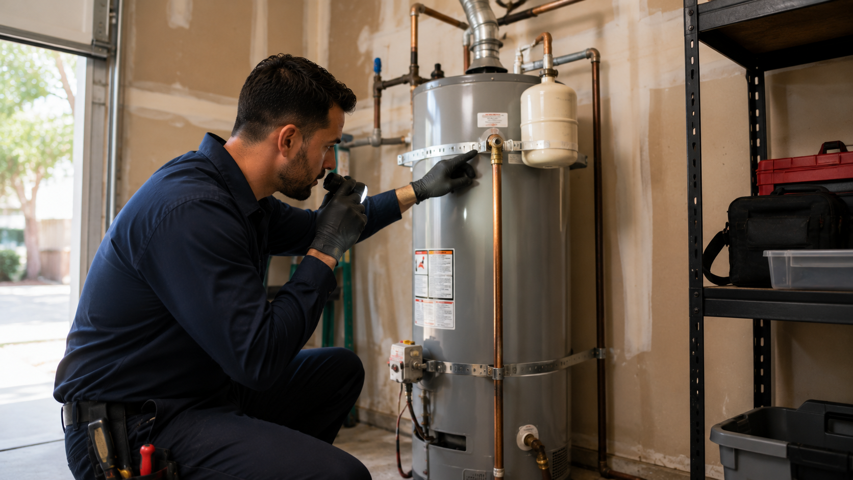 Close-up of a plumbing technician inspecting a residential water heater in a San Diego garage
