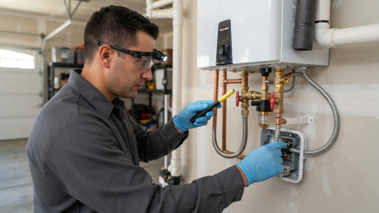 Close-up of a technician checking gas or electrical connections on a newly installed tankless water heater