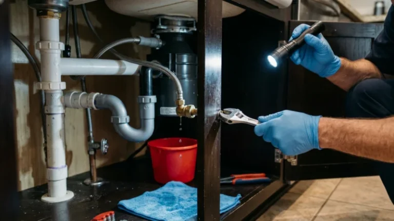 Plumber inspecting a leaking pipe fitting under a kitchen sink