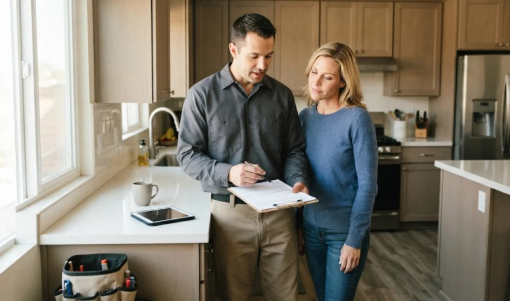 Plumber explaining a repair estimate to a homeowner in her kitchen