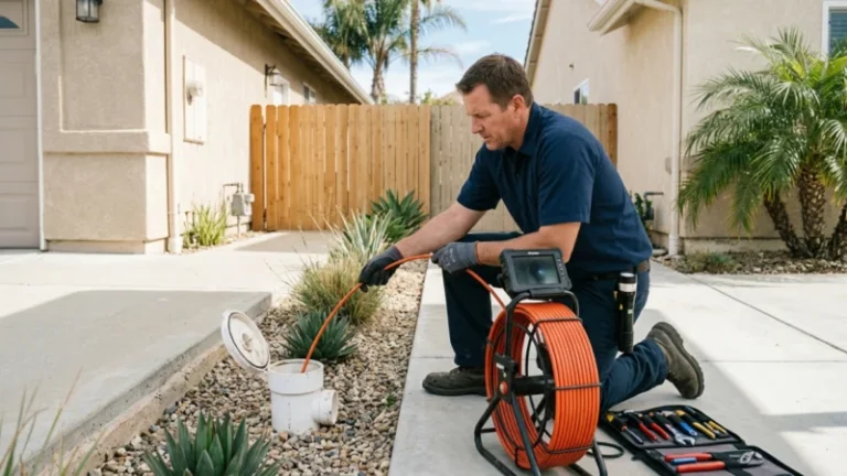 Plumber feeding a sewer camera into an outdoor sewer cleanout to diagnose a sewer line