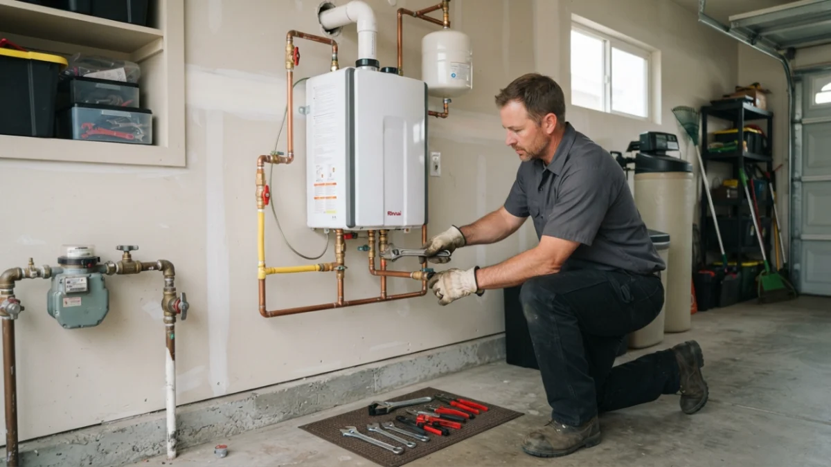 Plumber installing a wall-mounted tankless water heater in a garage